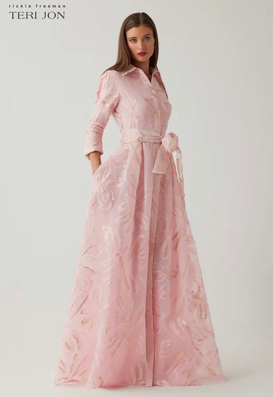Teri Jon by Rickie Freeman Metallic Organza Jacquard Shirt Waist Gown