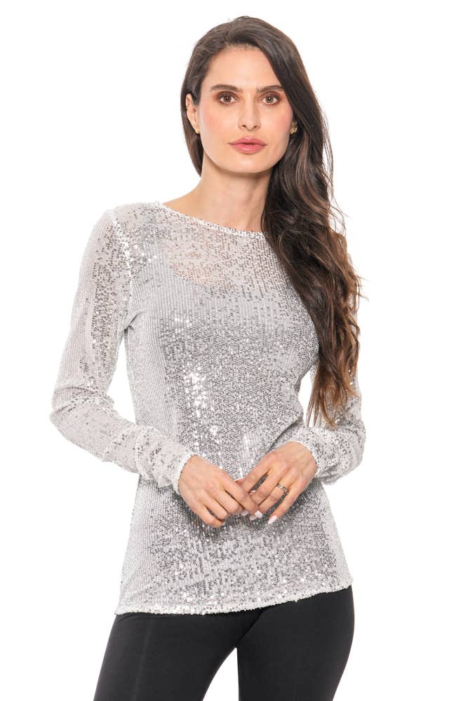 Adore Silver Sequin Mesh Long Sleeve Top