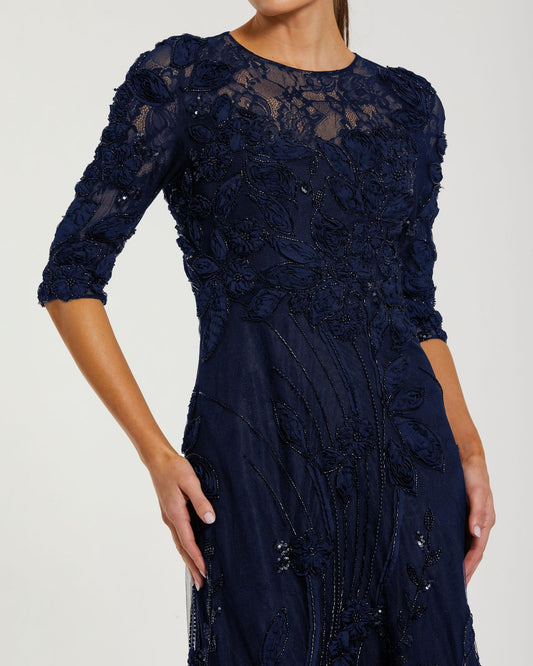 Mac Duggal Navy High Neck Embellished Lace Gown with 3/4 Sleeves