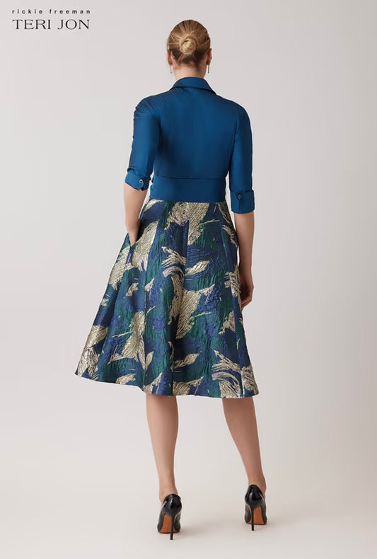 Teri Jon Taffeta Shirt Dress With Metallic Jacquard Skirt