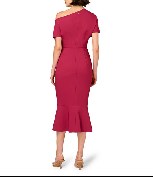 Aidan Mattox Stretch Crepe One-Shoulder Short Sleeve Flared Hem Dress