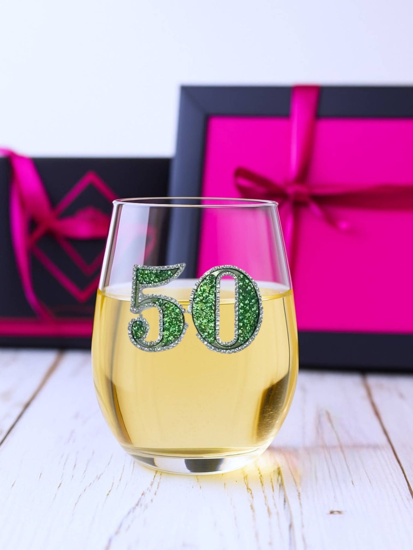 50th Birthday Jeweled Stemless Wine Glass