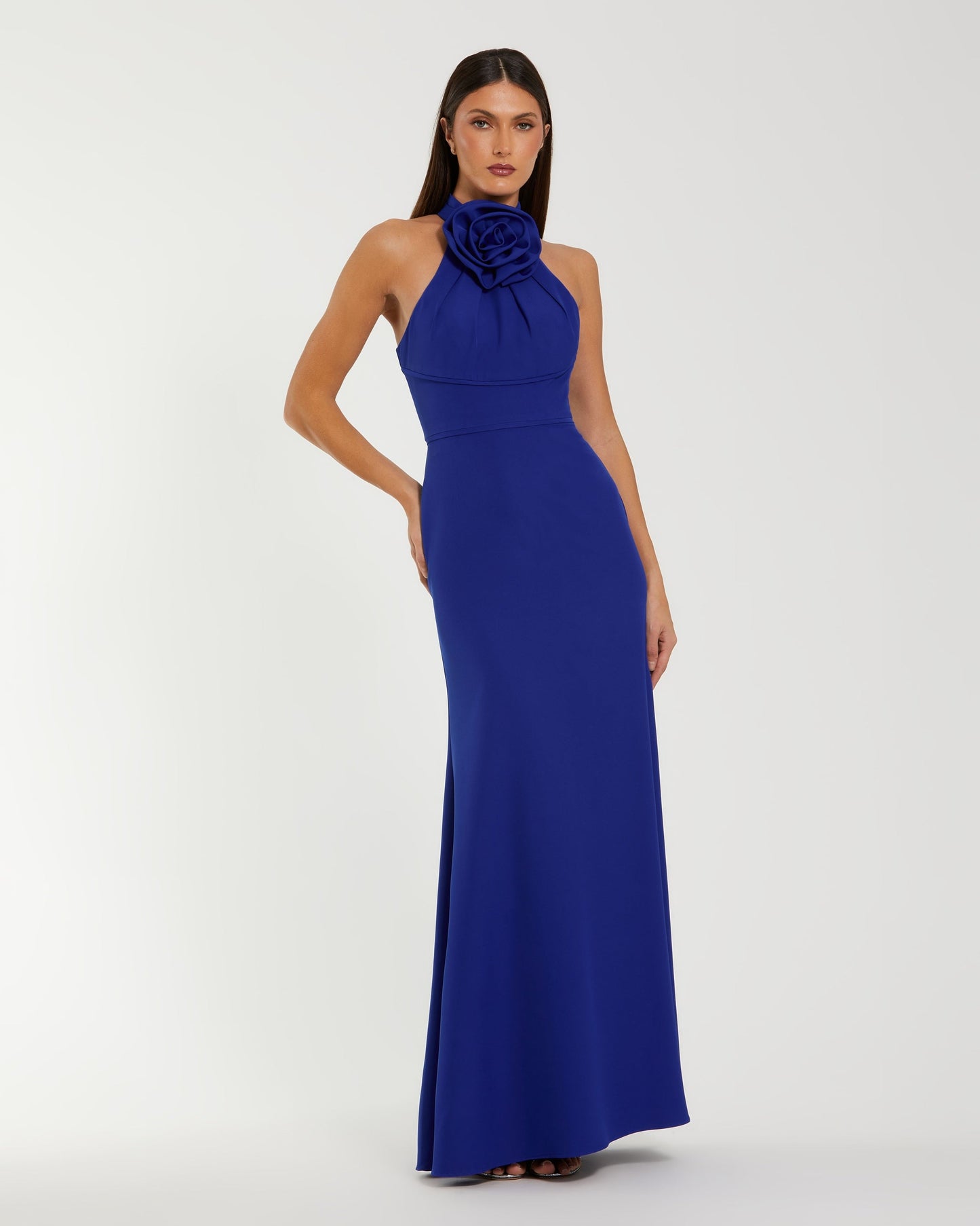 Mac Duggal Blue Sleeveless Halter Neck Gown with Rosette Detail