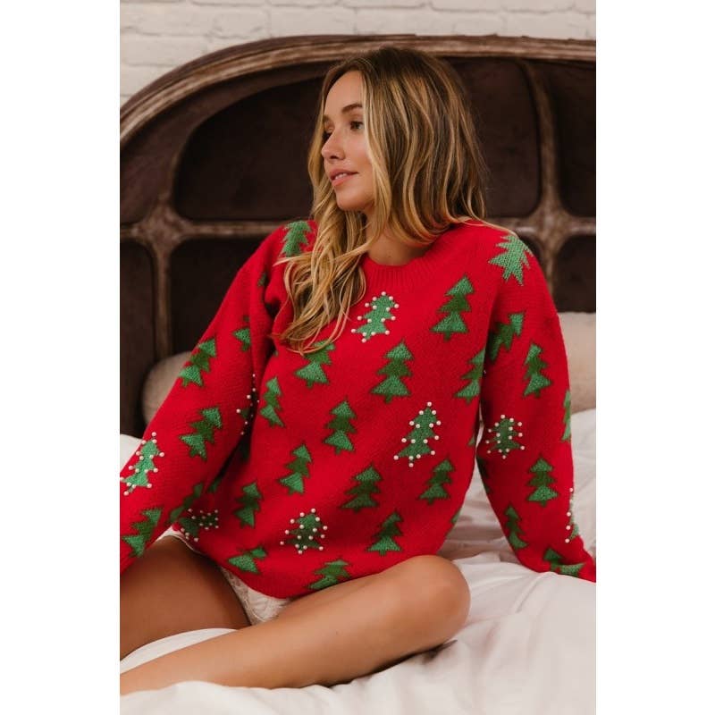 Bibi Pearl Beads Tree Pattern Christmas Sweater