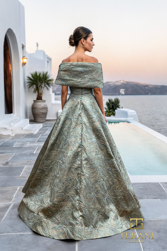 Terani Couture Off-Shoulder Jacquard A-Line Ballgown With Shawl Sleeves