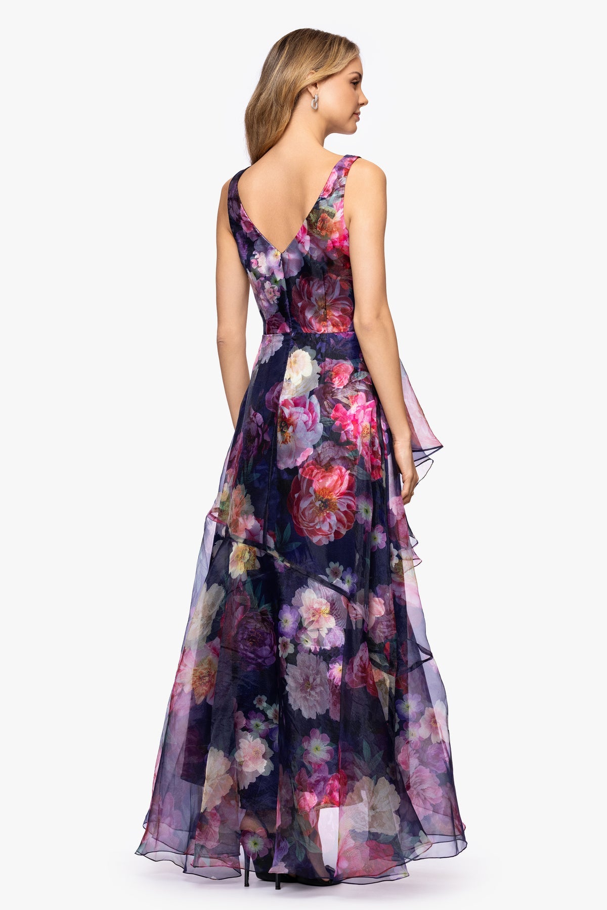 Betsy & Adam "CATALINA" PRINTED ORGANZA V-NECK FLOOR LENGTH DRESS