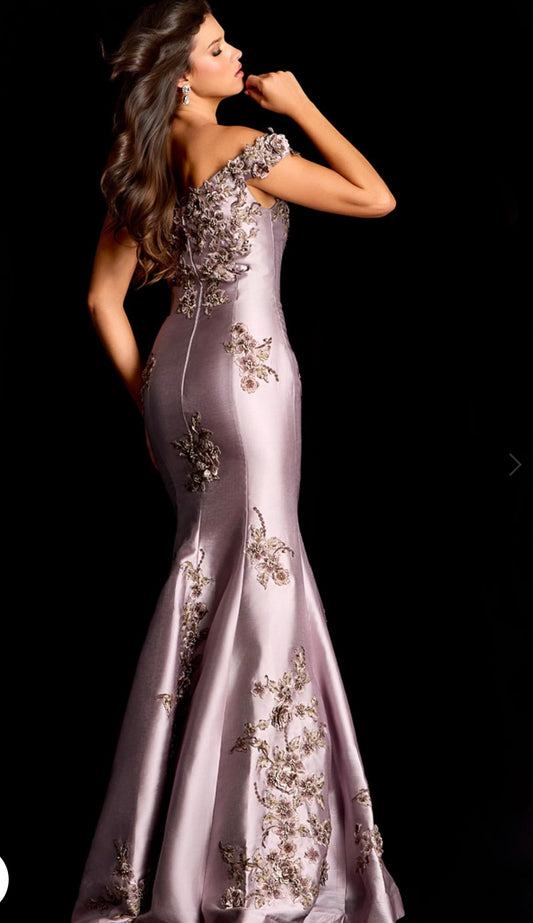 Jovani Off Shoulder Satin Gown with Floral Embroidery