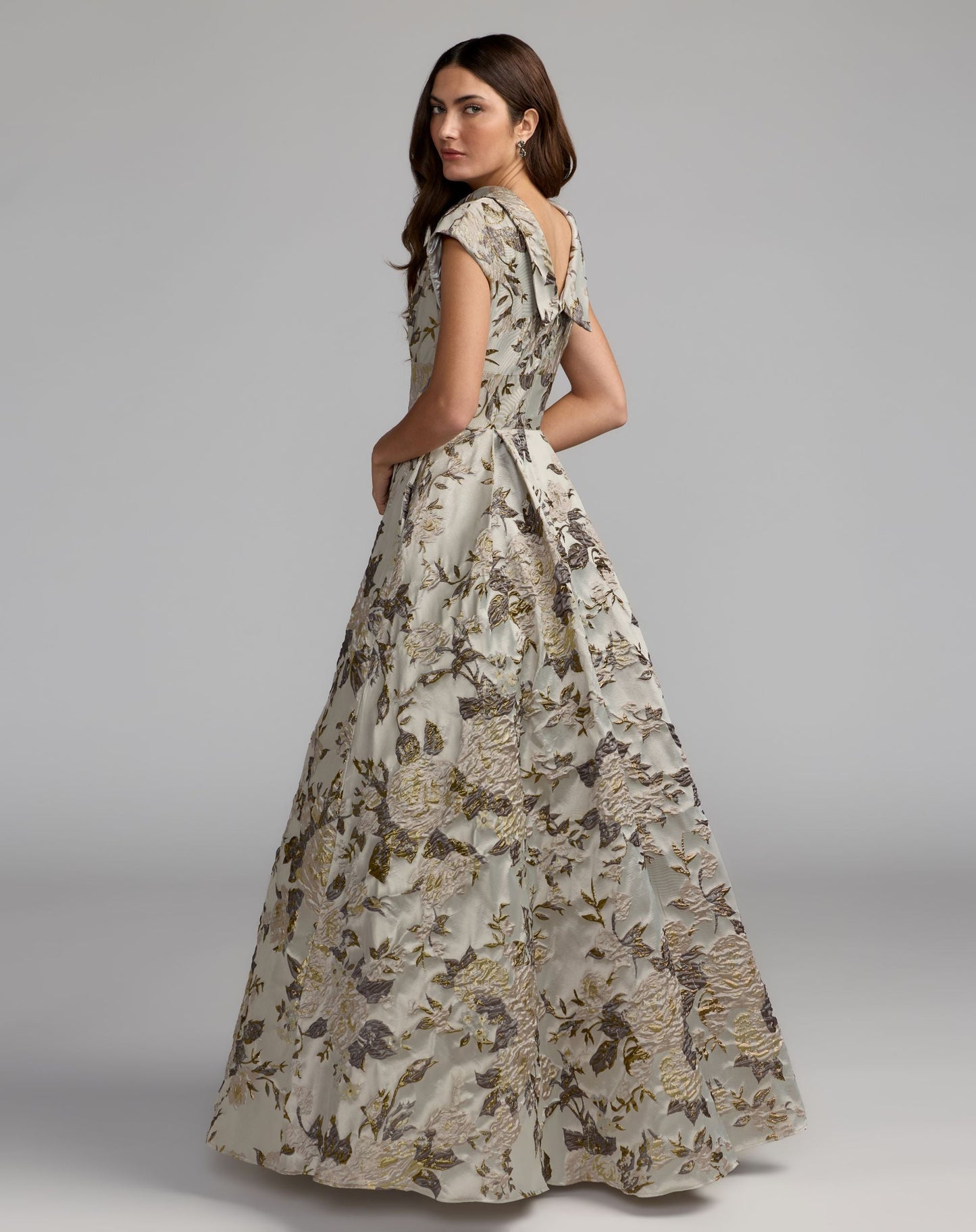 Mac Duggal Silver Floral Brocade Cap Sleeve Ball Gown