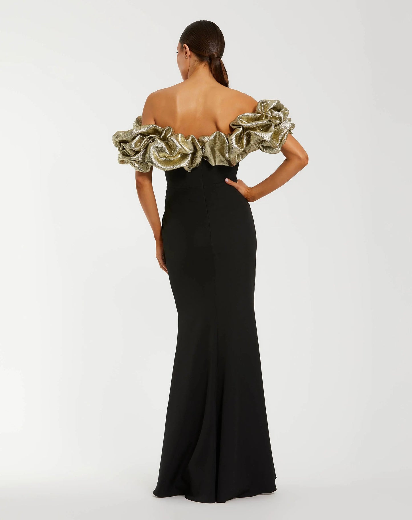 Ieena for Mac Duggal Black Mermaid Gown With Off The Shoulder Ruffle Detail