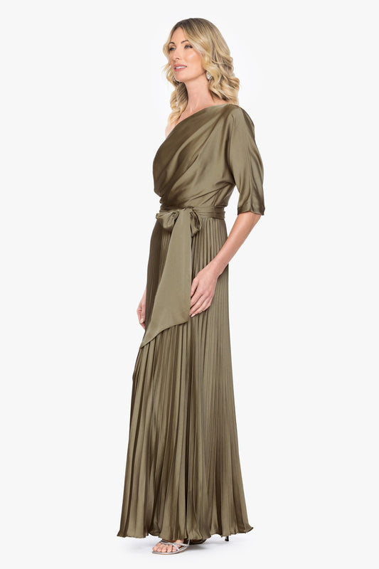 Betsy & Adam LEAH" PLEATED HAMMERED SATIN OFF THE SHOULDER BELTED DRESS
