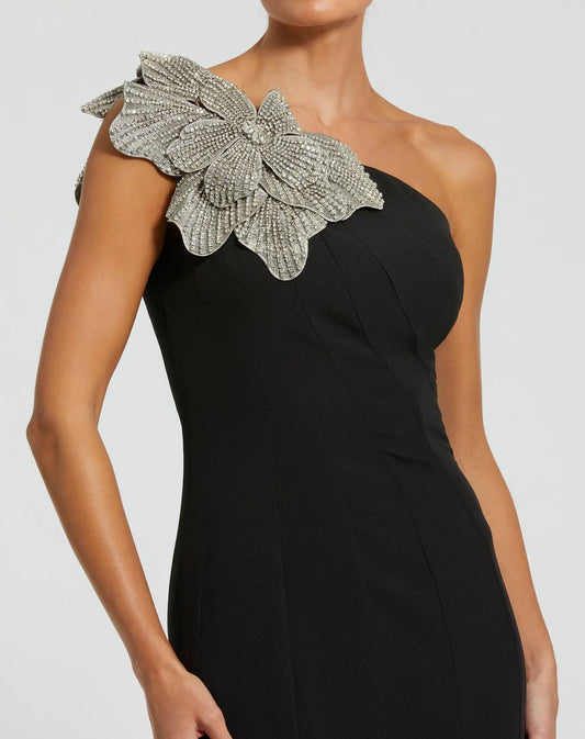 Mac Duggal Black Crepe One Shoulder Gown With Crystal Flower