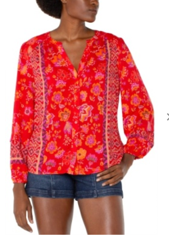 long slv button front shirred wvn blouse