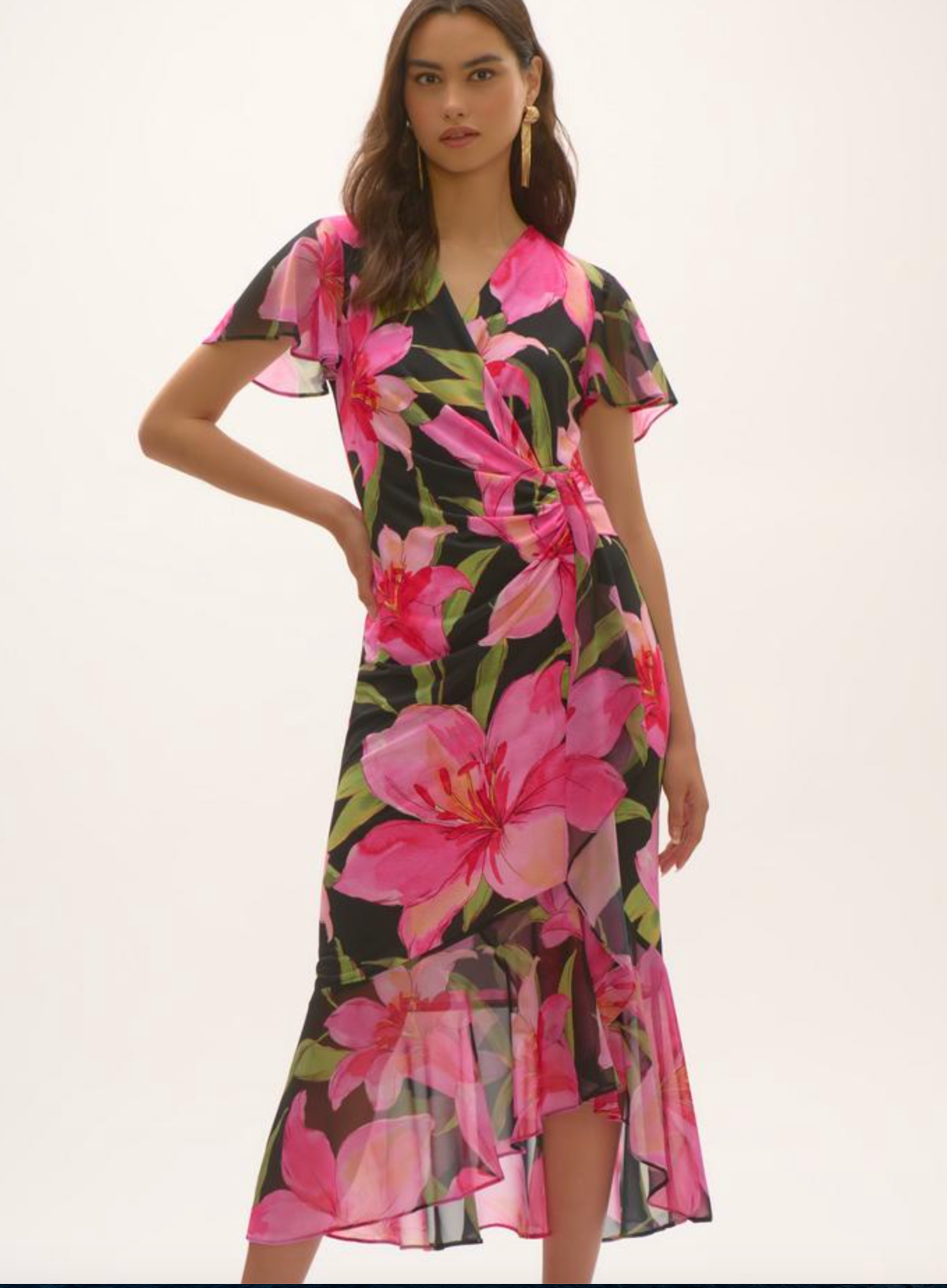 joseph ribkoff midi dresses Joseph Ribkoff Floral V-neck Wrap Dress Style 252714 – Judees