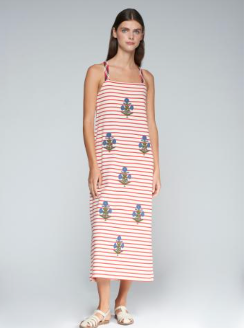 VILAGALLO VESTIDO LILOU EMBROIDERED RED STRIPE NAILER KNIT DRESS