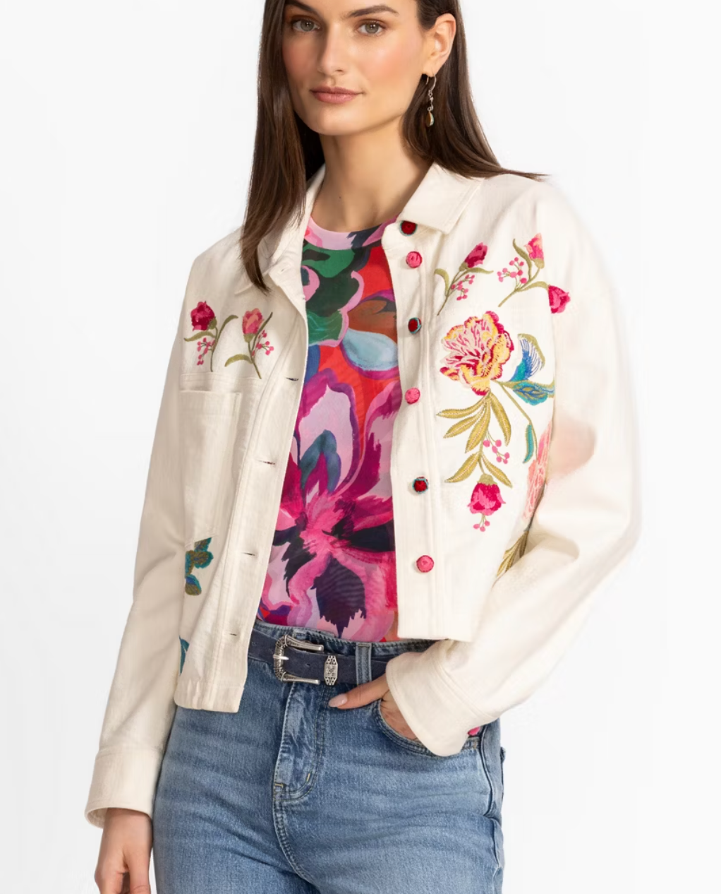 Johnny Was Crochet Cropped Denim Jacket