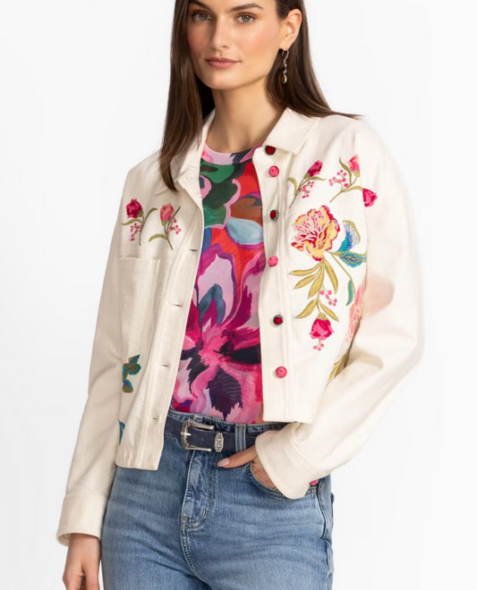 Johnny Was Crochet Cropped Denim Jacket