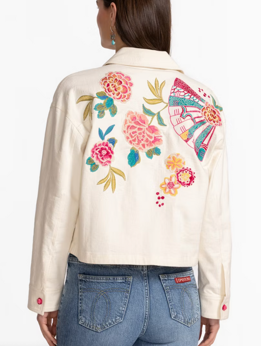 Johnny Was Crochet Cropped Denim Jacket