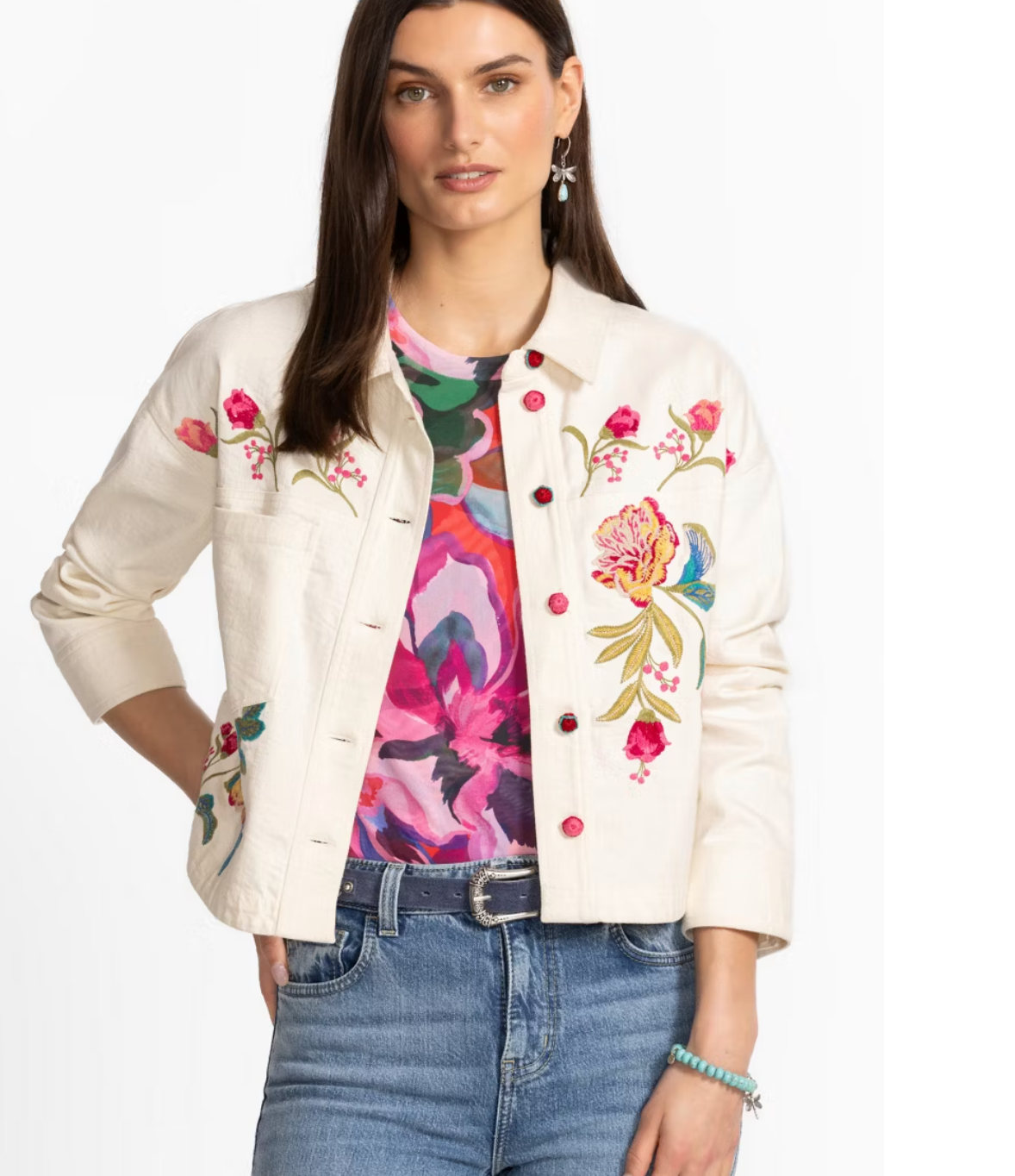 Johnny Was Crochet Cropped Denim Jacket