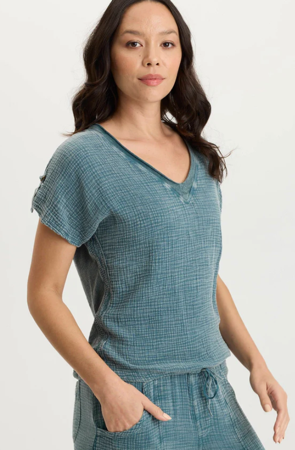 XCVI Bower Gauze/Jersey Tabbed-Sleeve Bubble-Hem V-Neck Tee
