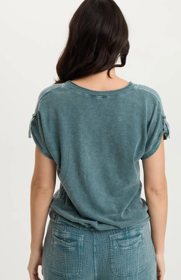 XCVI Bower Gauze/Jersey Tabbed-Sleeve Bubble-Hem V-Neck Tee