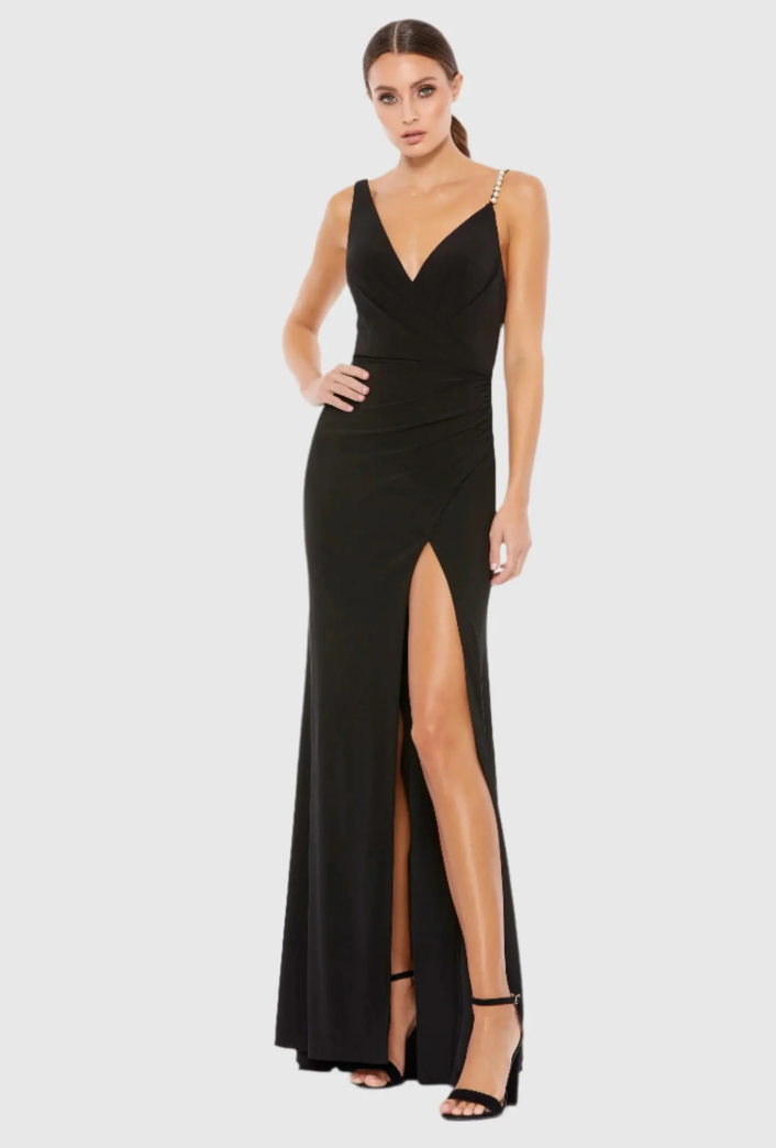 Ieena Mac Duggal Black Faux Wrap Pearl Strap Gown