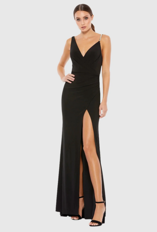 Ieena Mac Duggal Black Faux Wrap Pearl Strap Gown