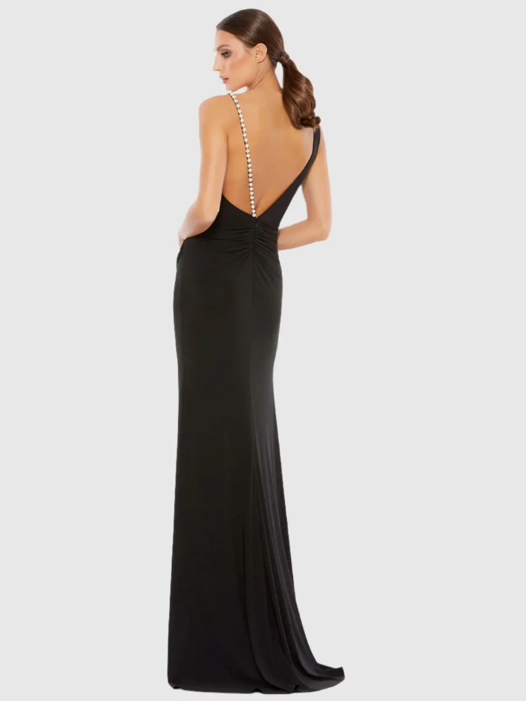 Ieena Mac Duggal Black Faux Wrap Pearl Strap Gown