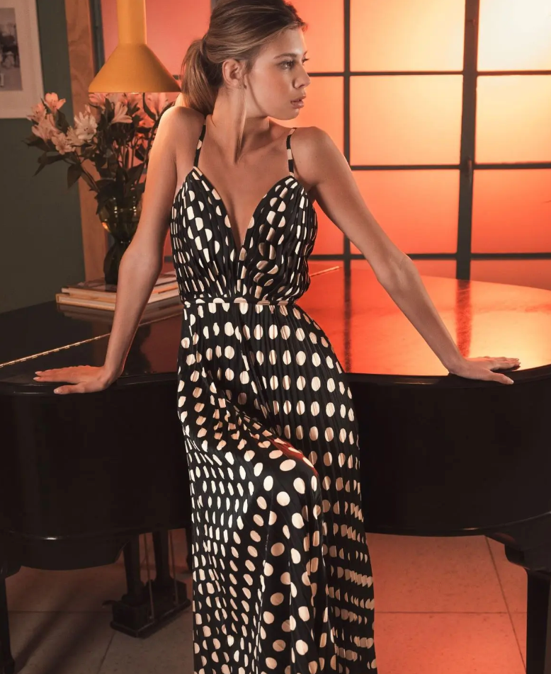 Mac Duggal Black Pleated Charmeuse Polka Dot V-Neck Jumpsuit