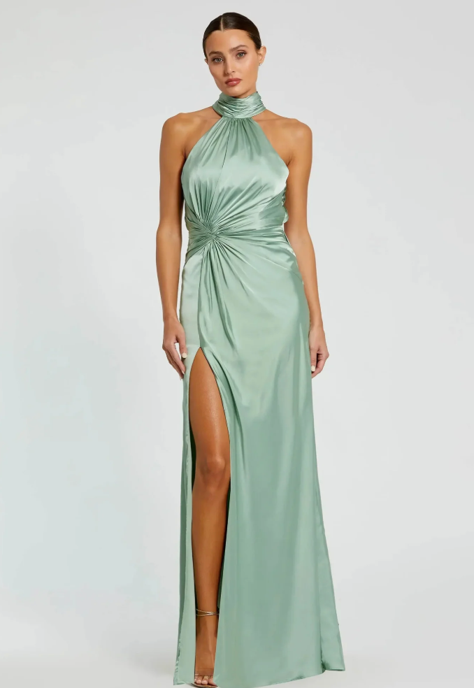 Ieena for Mac Duggal Green Open Back High Neck Side Ruched Gown