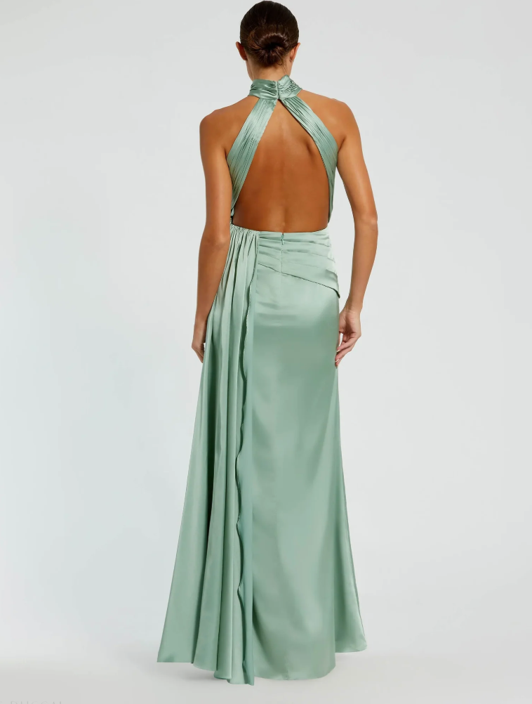 Ieena for Mac Duggal Green Open Back High Neck Side Ruched Gown