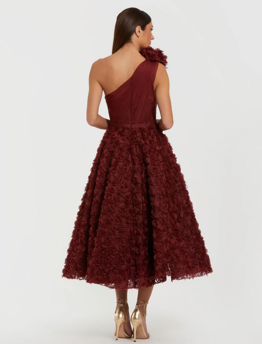 Ieena Mac Duggal Red One Shoulder Rosette A Line Midi Dress with 3D Flower