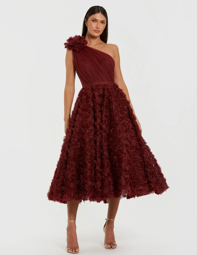 Ieena Mac Duggal Red One Shoulder Rosette A Line Midi Dress with 3D Flower