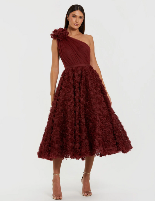Ieena Mac Duggal Red One Shoulder Rosette A Line Midi Dress with 3D Flower
