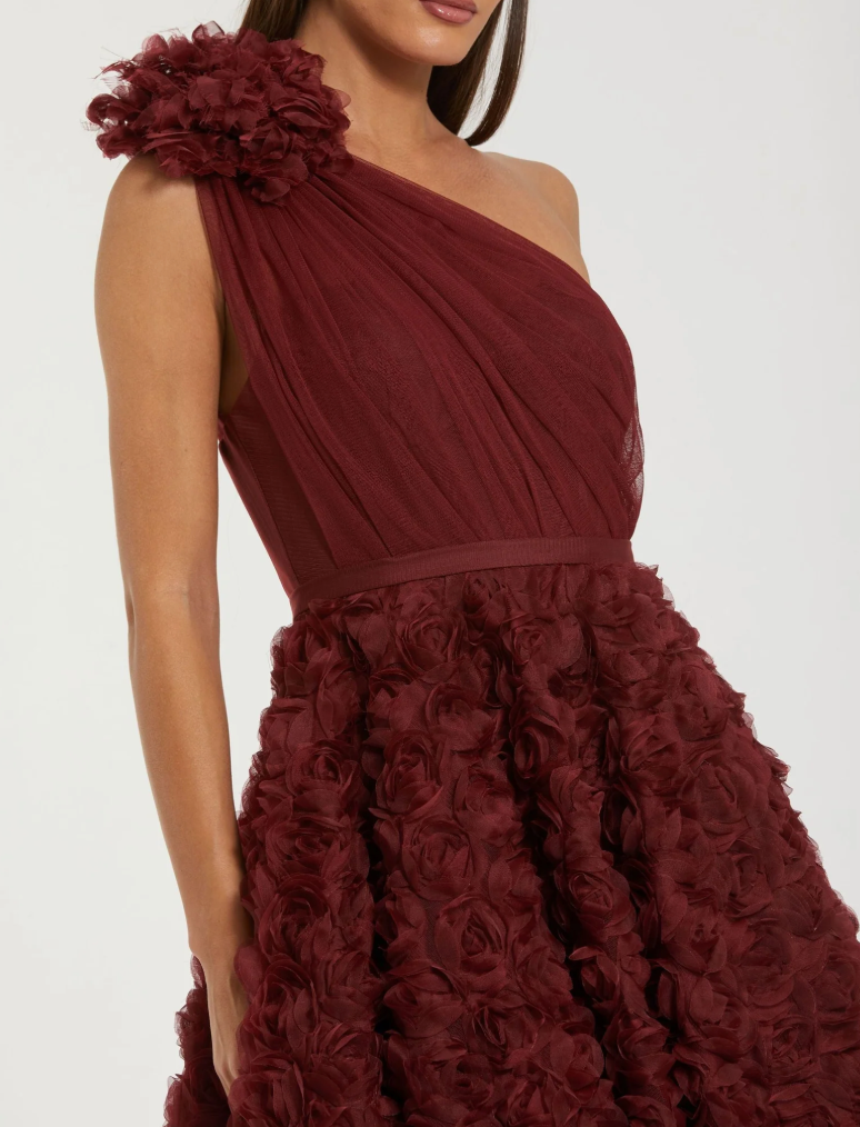 Ieena Mac Duggal Red One Shoulder Rosette A Line Midi Dress with 3D Flower