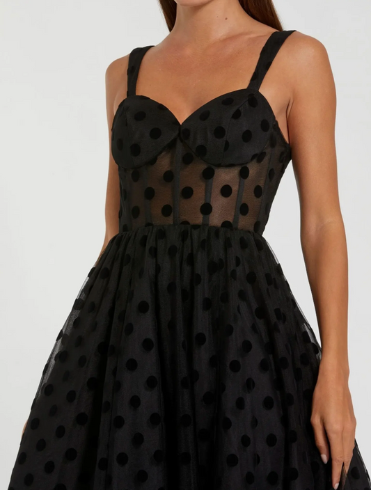 Mac Duggal Ieena for Mac Duggal  Black Polka Dot Net Bustier A-Line Midi Dress