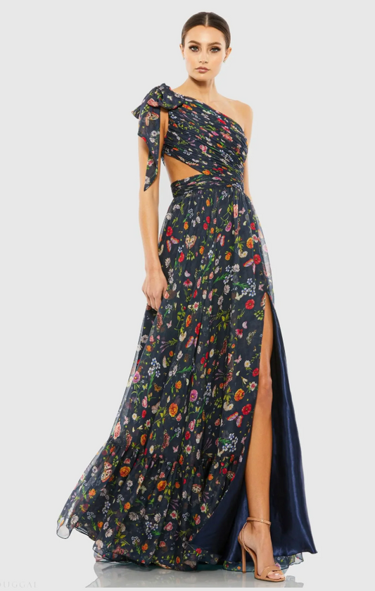 Mac Duggal Ieena for Mac Duggal  Navy Tied One Shoulder Cut-Out Flowy Gown