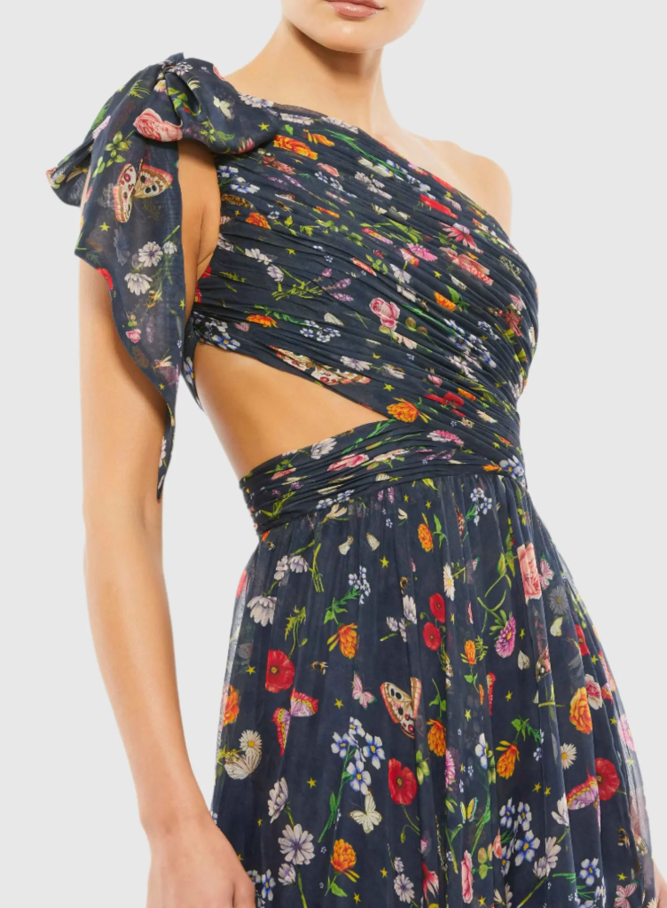 Mac Duggal Ieena for Mac Duggal  Navy Tied One Shoulder Cut-Out Flowy Gown
