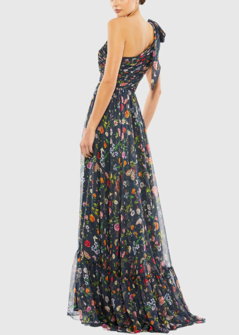 Mac Duggal Ieena for Mac Duggal  Navy Tied One Shoulder Cut-Out Flowy Gown