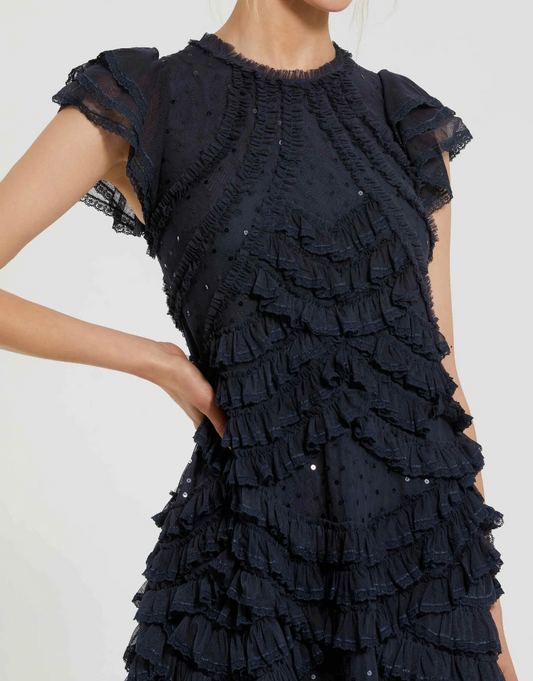 Mac Duggal Navy High Neck Cap Sleeve Micro Ruffle Midi Dress