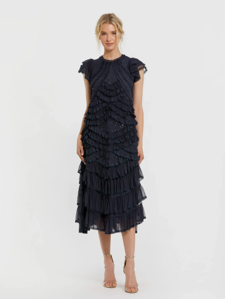 Mac Duggal Navy High Neck Cap Sleeve Micro Ruffle Midi Dress