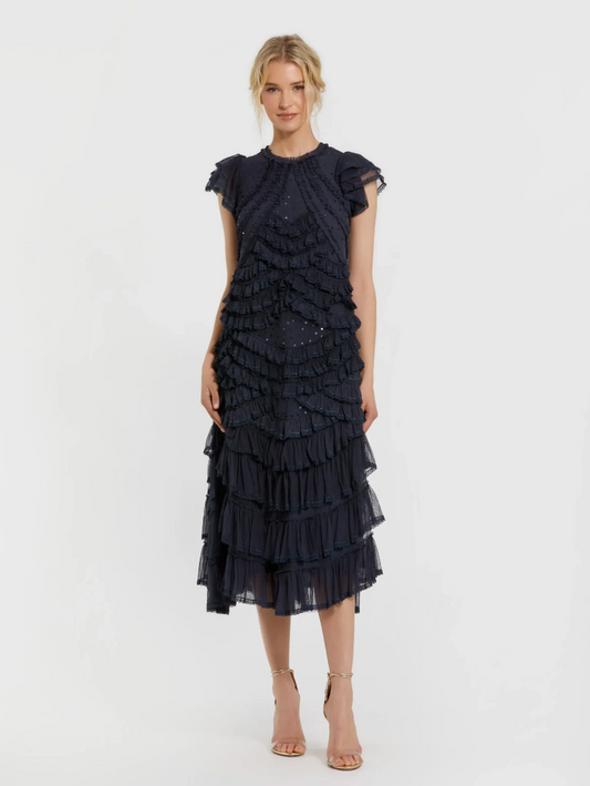 Mac Duggal Navy High Neck Cap Sleeve Micro Ruffle Midi Dress