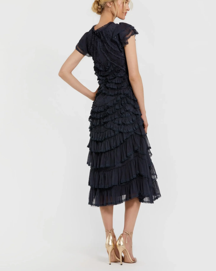 Mac Duggal Navy High Neck Cap Sleeve Micro Ruffle Midi Dress