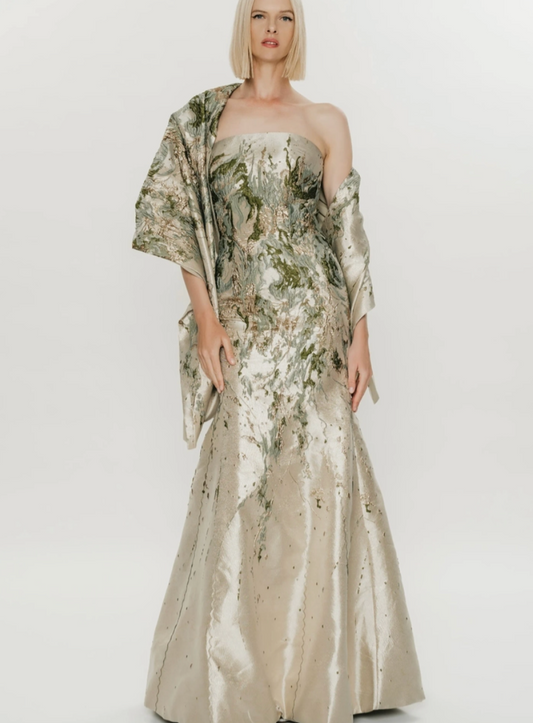 HYNES PARK Brocade Straight Neckline Evening Gown