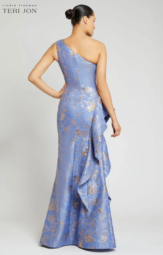 Teri Jon by Rickie Freeman Metallic Jacquard One Shoulder Gown