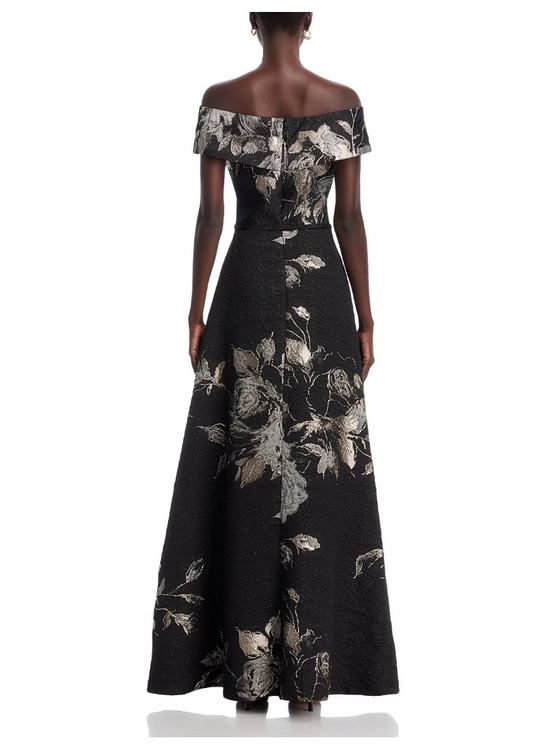 Teri Jon by Rickie Freeman Off-Shoulder Metallic Flower Jacquard Gown