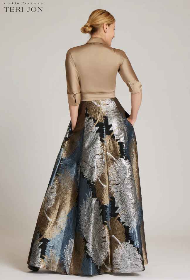 Teri Jon Taffeta Shirt Gown With Feather Pattern