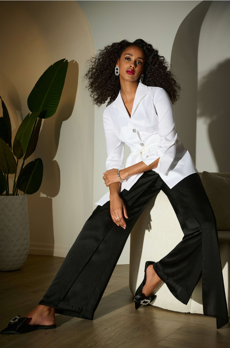 Joseph Ribkoff Signature Satin Wide Leg Pants with Front Overlay