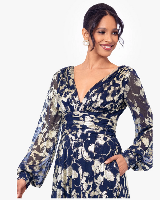 Betsy & Adam Annabelle" Metallic Foil and Long Mesh Sleeve Gown