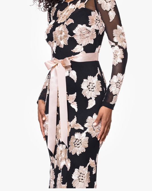 Betsy & Adam Juliana Soutache Mesh Long Sleeve Floor Length Dress