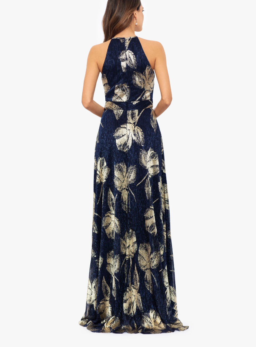 Betsy & Adam Ilaria Long Halter Foil Print Dress